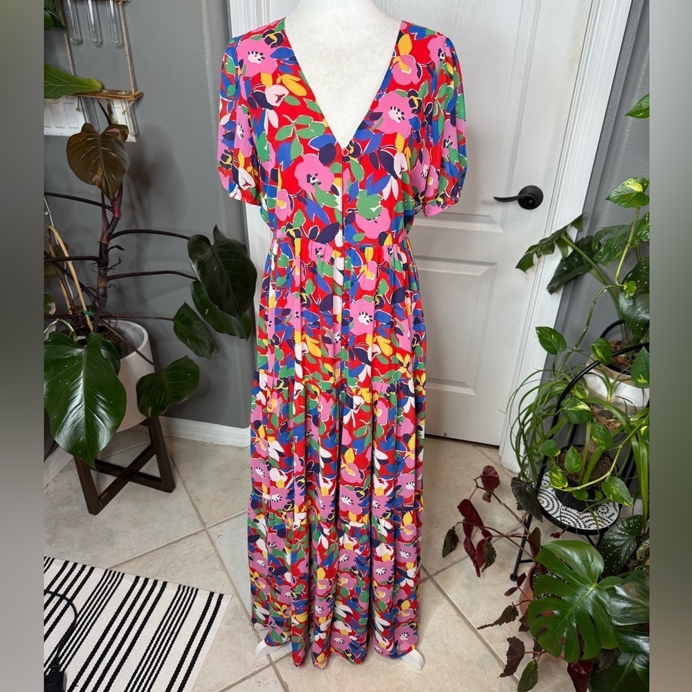 Colorful Floral Maxi Dress | V-Neck Button Front | Short Sleeve | small